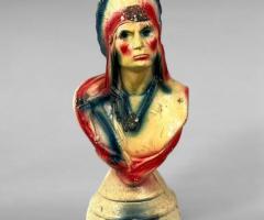 Mid-20th Century Chalkware Carnival Bust — Native American Chief in Patriotic Headdress