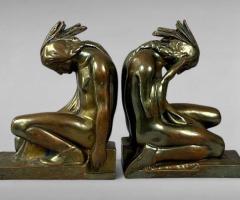 1920s Bronze-Clad Bookends Kneeling Native American Figures by Paul Herzel