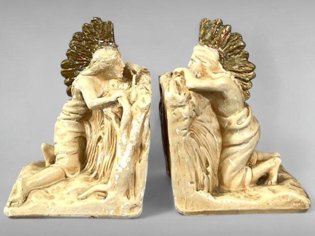 1920s–1930s Plaster Bookends Native American Warriors in Hiding, Folk Art Decorative Pair 1920s–1930s Plaster Bookends Native American Warriors in Hiding, Folk Art Decorative Pair