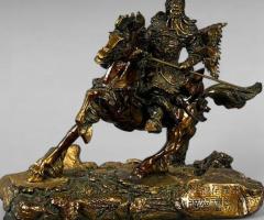 Vintage Guan Yu on Horseback Cold Cast Bronze-Finish Sculpture with Inscription