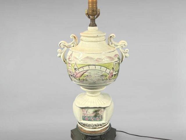 Vintage Asian Porcelain Lamp with Hand-Painted Landscape and Dragon Base Vintage Asian Porcelain Lamp with Hand-Painted Landscape and Dragon Base