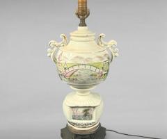 Vintage Asian Porcelain Lamp with Hand-Painted Landscape and Dragon Base