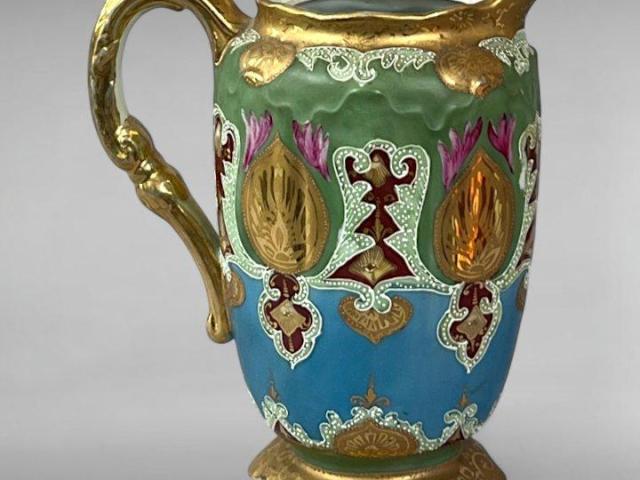 Nippon-Era Moriage Pitcher Gilt Floral & Geometric Hand-Painted Porcelain Nippon-Era Moriage Pitcher Gilt Floral & Geometric Hand-Painted Porcelain