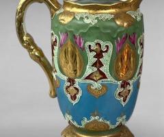 Nippon-Era Moriage Pitcher Gilt Floral & Geometric Hand-Painted Porcelain