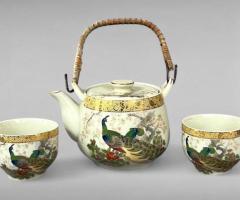 Vintage Satsuma Tea Set Peacock Motif, Gold Gilt, Teapot & Cups