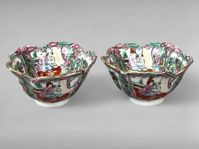 Pair of Chinese Porcelain Rice Bowls Famille Rose with Qianlong Mark Pair of Chinese Porcelain Rice Bowls Famille Rose with Qianlong Mark