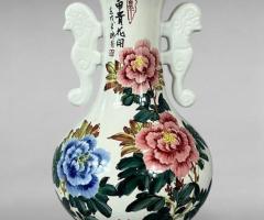 Mid-20th Century Famille Rose Porcelain Vase with Seahorse Handles & Tang Poem