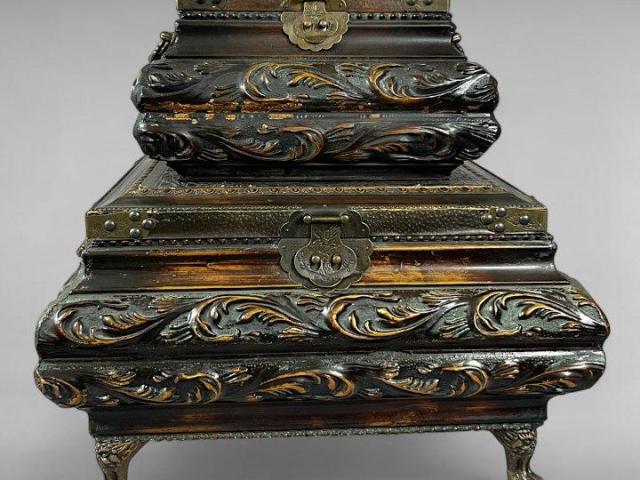 Victorian Anglo-Indian Teak Stacking Boxes with Brass and Velvet Victorian Anglo-Indian Teak Stacking Boxes with Brass and Velvet