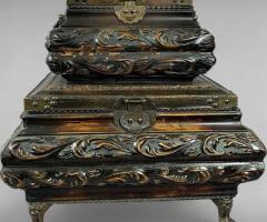 Victorian Anglo-Indian Teak Stacking Boxes with Brass and Velvet