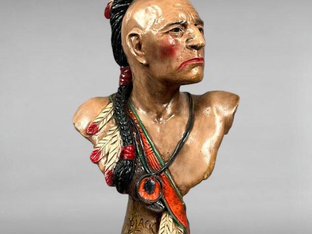 Mid-Century Chalkware Bust Black Hawk with Feathered Mohawk Mid-Century Chalkware Bust Black Hawk with Feathered Mohawk